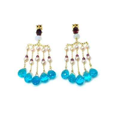 PENDIENTES|Pendientes oro amarillo perlas, gemas  azules