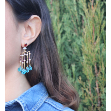 PENDIENTES|Pendientes oro amarillo perlas, gemas  azules