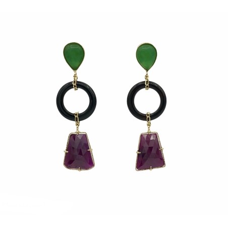 PENDIENTES|Pendientes oro rubis, jades y onix