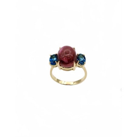 ANILLOS|Anillo oro turmalina rosa y topacios azules