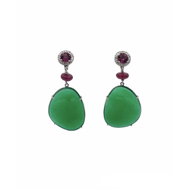 PENDIENTES|Pendientes largos diamantes, rubis, rodolitas y calcedonias verdes