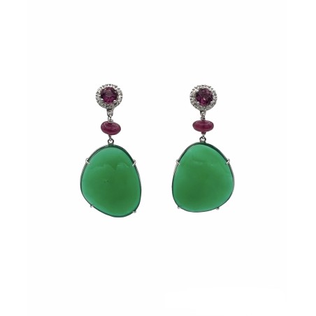 PENDIENTES|Pendientes largos diamantes, rubis, rodolitas y calcedonias verdes