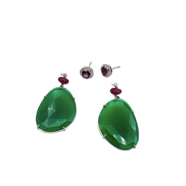 PENDIENTES|Pendientes largos diamantes, rubis, rodolitas y calcedonias verdes