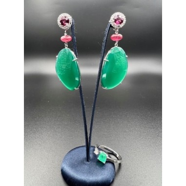 PENDIENTES|Pendientes largos diamantes, rubis, rodolitas y calcedonias verdes