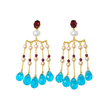 PENDIENTES|Pendientes oro amarillo perlas, gemas  azules
