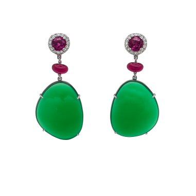 PENDIENTES|Pendientes largos diamantes, rubis, rodolitas y calcedonias verdes